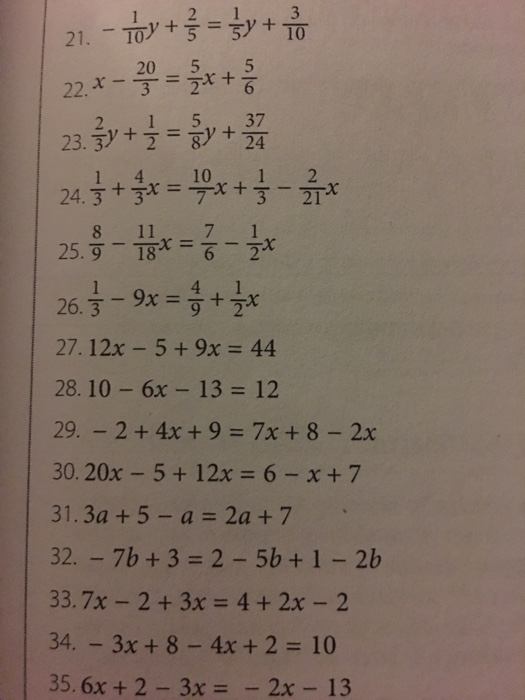 Solved -1/10y + 2/5 = 1/5y + 3/10 x - 20/3 = 5/2 x + 5/6 | Chegg.com