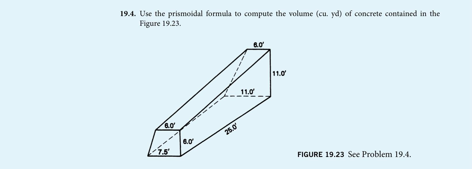 19.4. Use the prismoidal formula to compute the volume (cu. yd) of concrete contained in the Figure 19.23.
FIGURE 19.23 See P