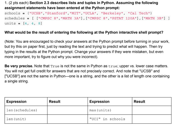 Solved 1. (2 pts each) Section 2.3 describes lists and | Chegg.com