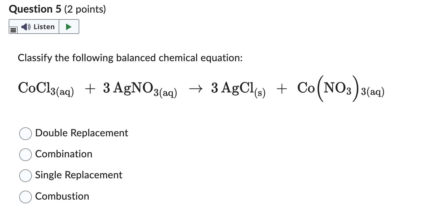 Solved Classify the following balanced chemical equation: | Chegg.com