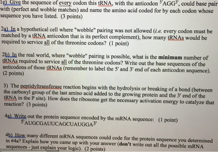 e Give the sequence of every codon this tRNA, with | Chegg.com