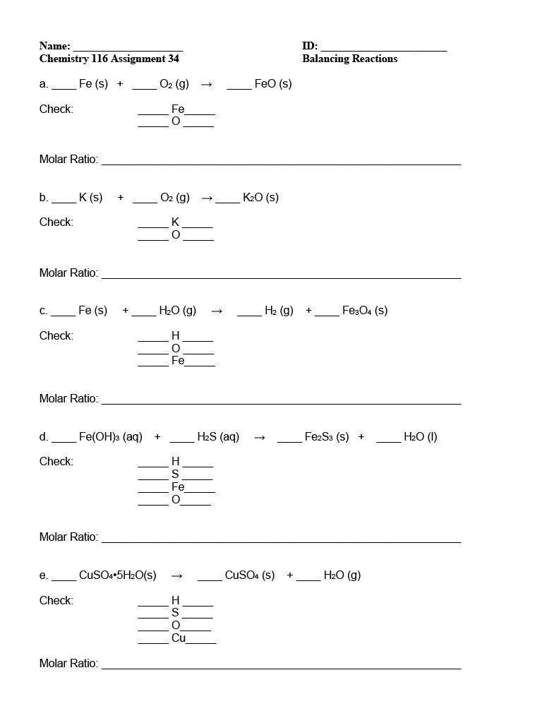 Solved Name: Chemistry 116 Assignment 34 ID: Balancing | Chegg.com