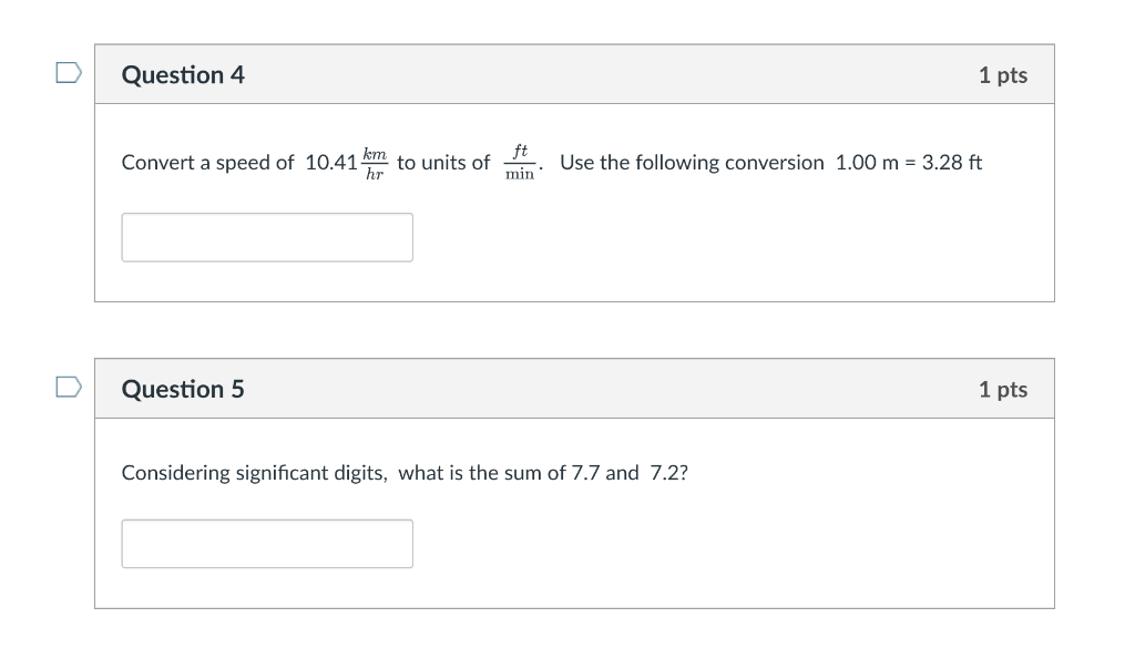 Convert a speed of \( 10.41 \frac{\mathrm{km}}{\mathrm{hr}} \) to units of \( \frac{f t}{\mathrm{~min}} \). Use the following