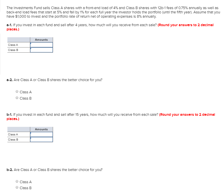 Solved The Investments Fund Sells Class A Shares With A | Chegg.com