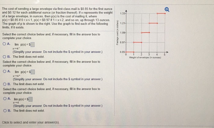 Solved The cost of sending a large envelope via first-class | Chegg.com