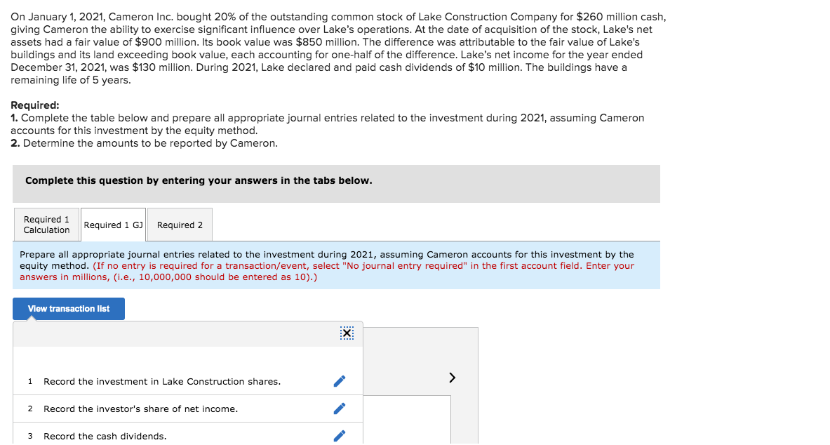 Solved On January 1, 2021, Cameron Inc. bought 20% of the | Chegg.com