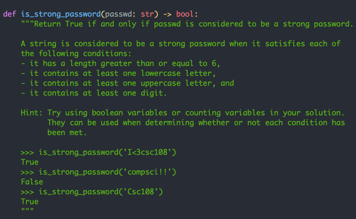Solved lef is_strong_password(passwd: str) \( \rightarrow \) | Chegg.com