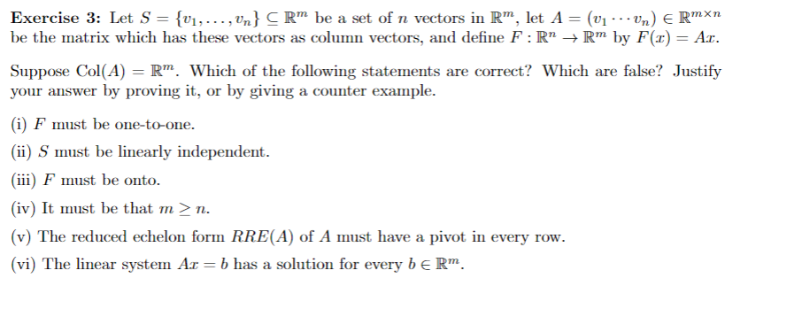 Solved Exercise 3: Let S = {01,..., Un} CRM be a set of n | Chegg.com
