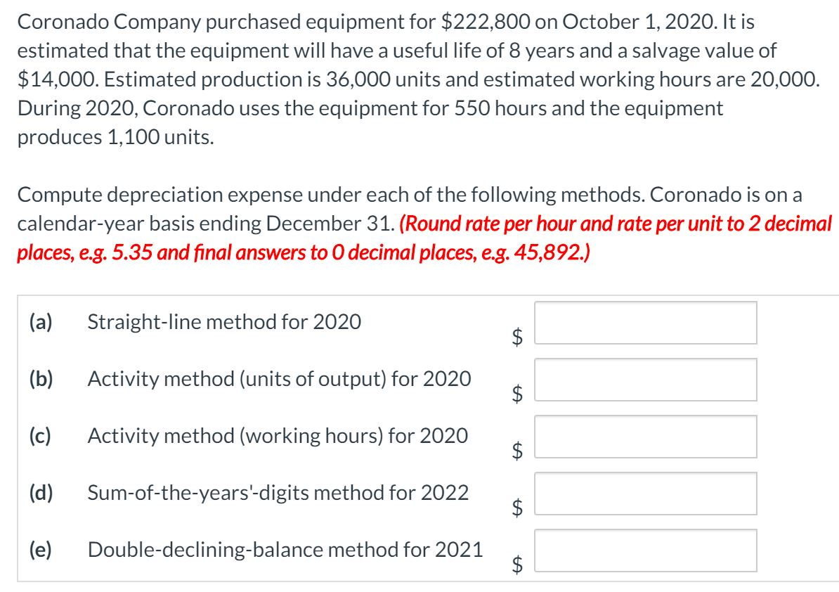 Solved Coronado Company purchased equipment for 222,800 on