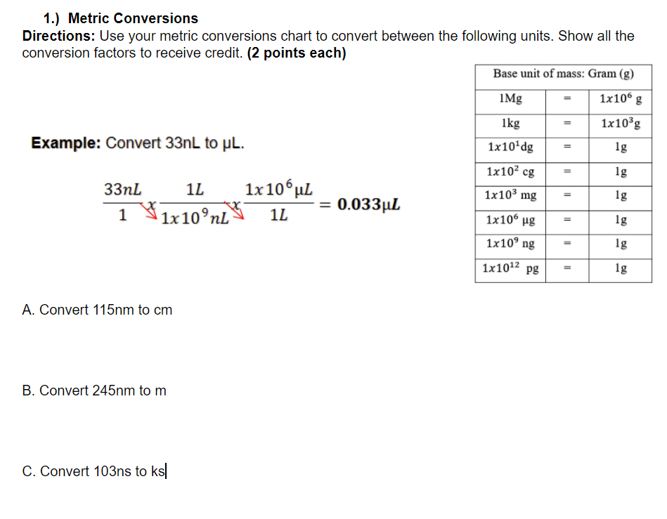 Solved 1. Metric Conversions Directions Use your metric Chegg