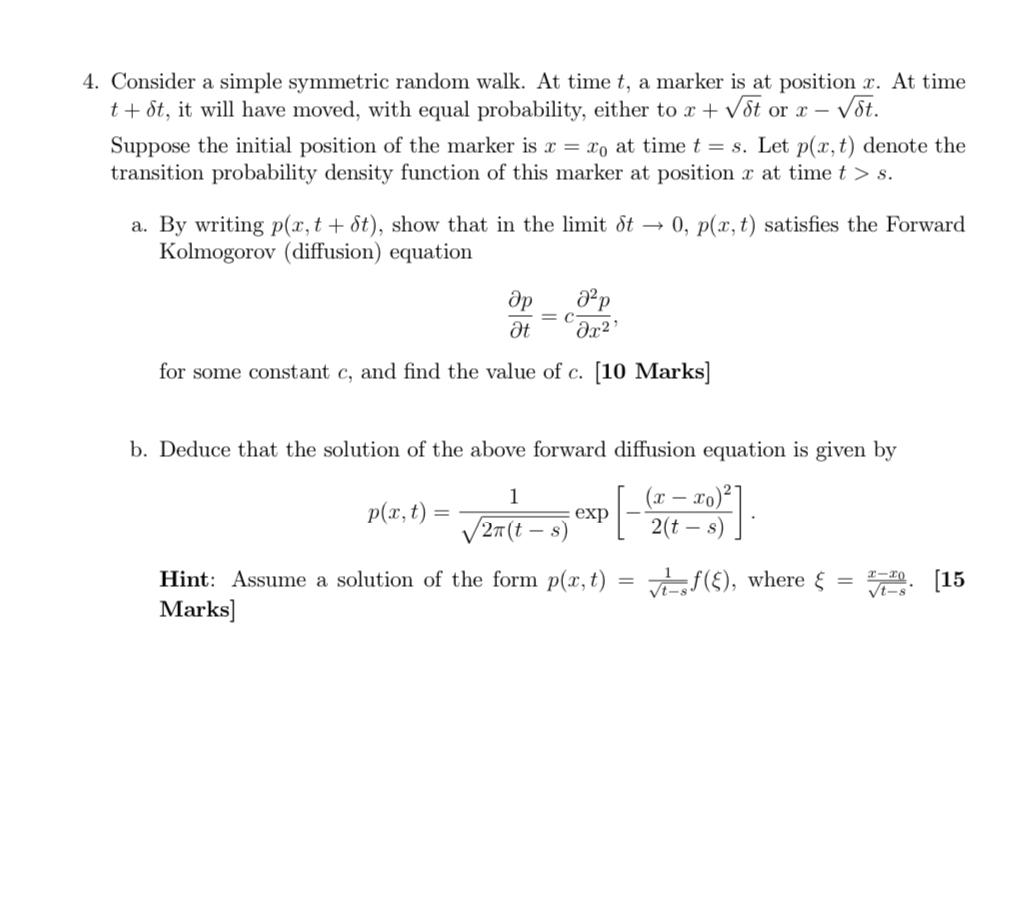 Solved 1. Consider a simple symmetric random walk. At time | Chegg.com