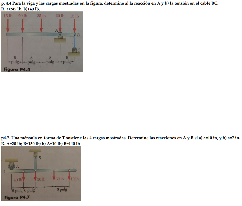 p. 4.4 Para la viga y las cargas mostradas en la figura, determine a) la reacción en A y b) la tensión en el cable BC. R. a)