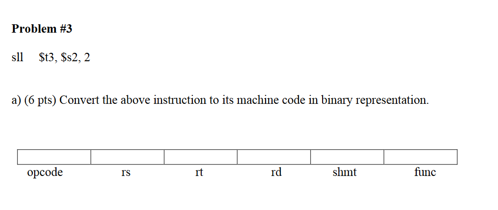 Solved Problem #3 sll $t3, $s2, 2 a) (6 pts) Convert the | Chegg.com