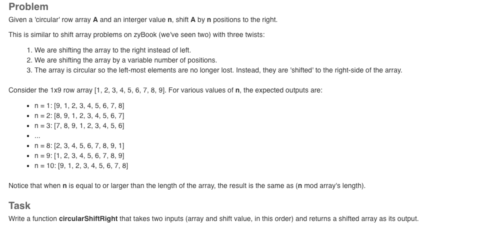 Solved Problem Given a 'circular' row array A and an | Chegg.com