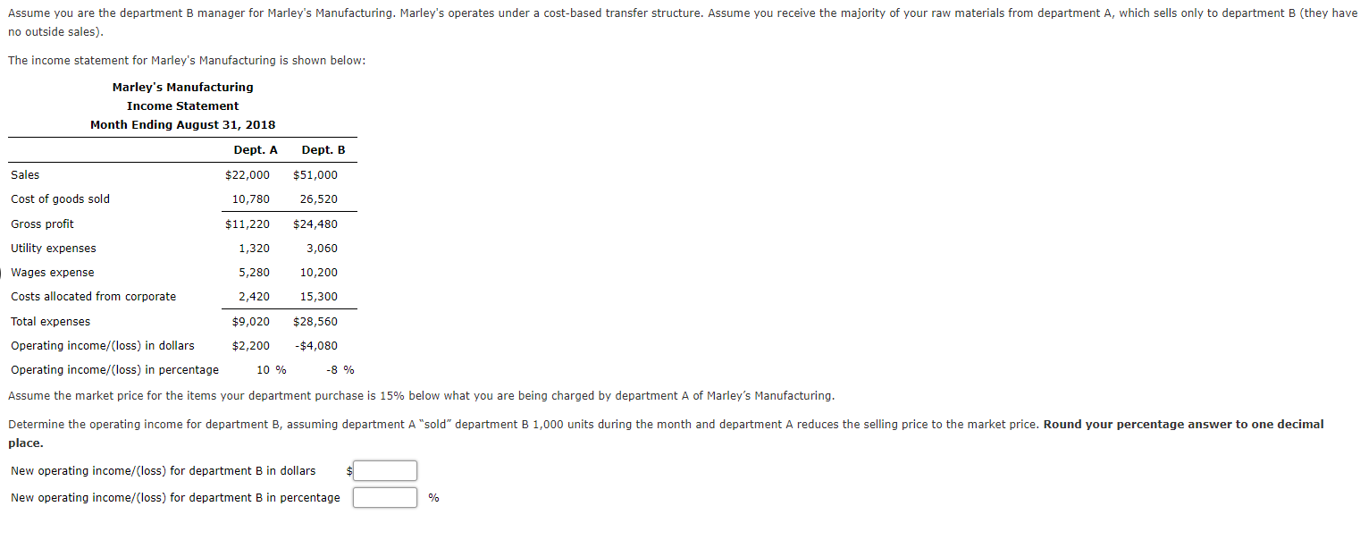Solved Assume You Are The Department B Manager For Marleys