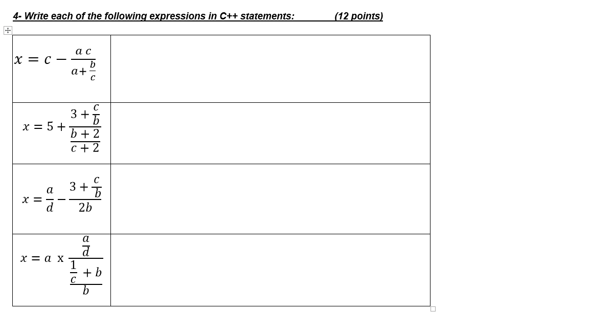 Solved 4- Write each of the following expressions in C++ | Chegg.com