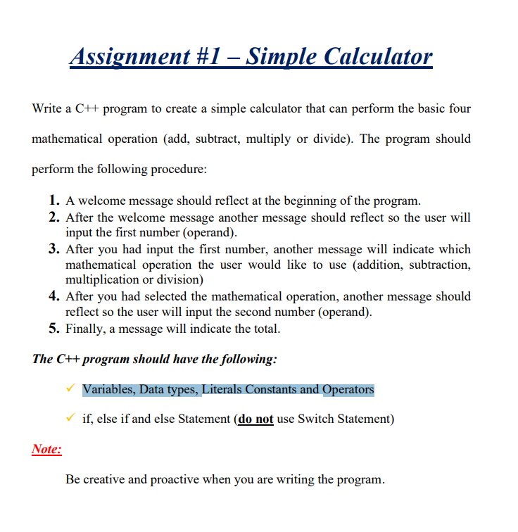 Solved Assignment #1 - Simple Calculator Write a C++ program | Chegg.com