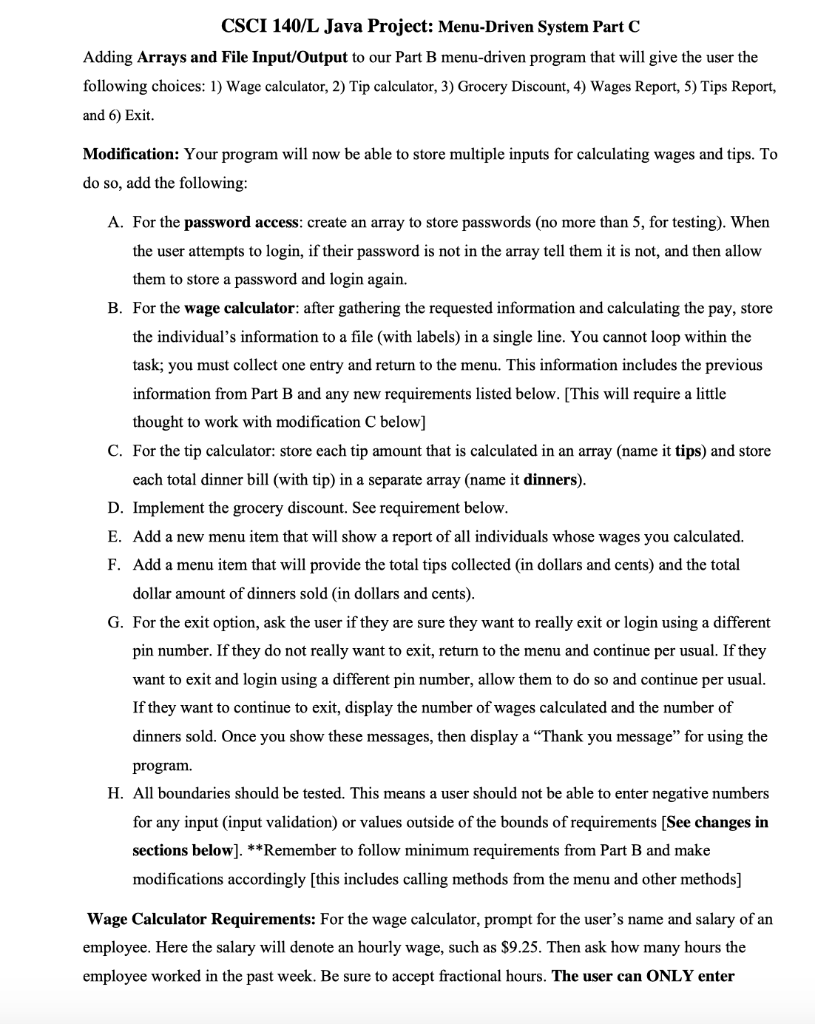 Solved CSCI 140/L Java Project: Menu-Driven System Part C | Chegg.com