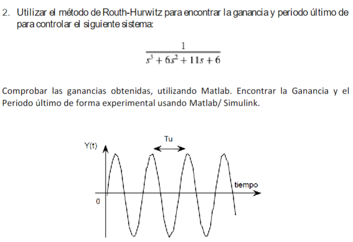 2. Utilizar el método de Routh-Hurwitz para encontrar la ganancia y periodo último de para controlar el siguiente sistema: \[