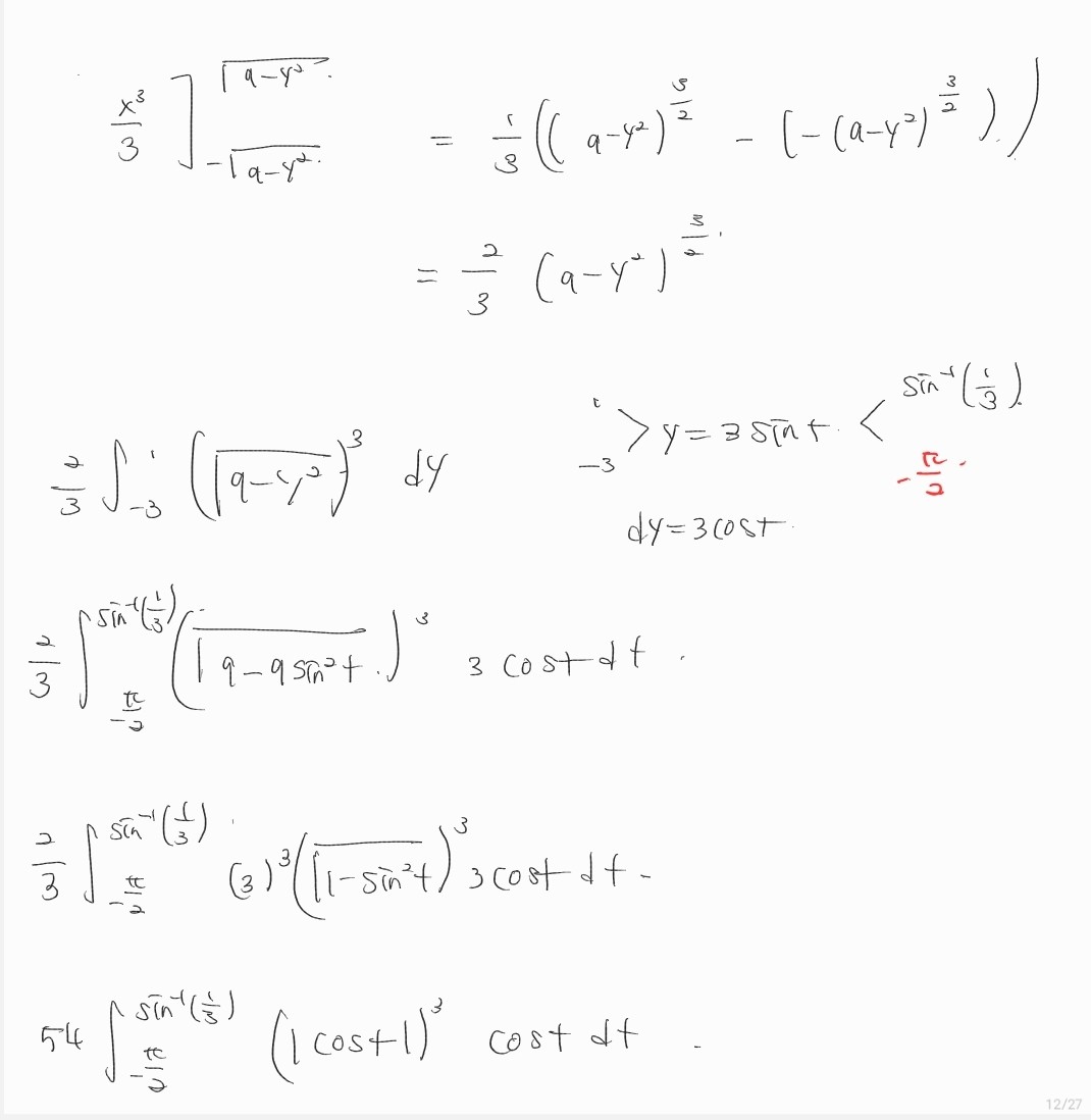 Solved ∫−31∫−(9−y2)(9−y2)x2dxdy=32(9−y2)23.32∫−31(q−12)3dy−3 | Chegg.com