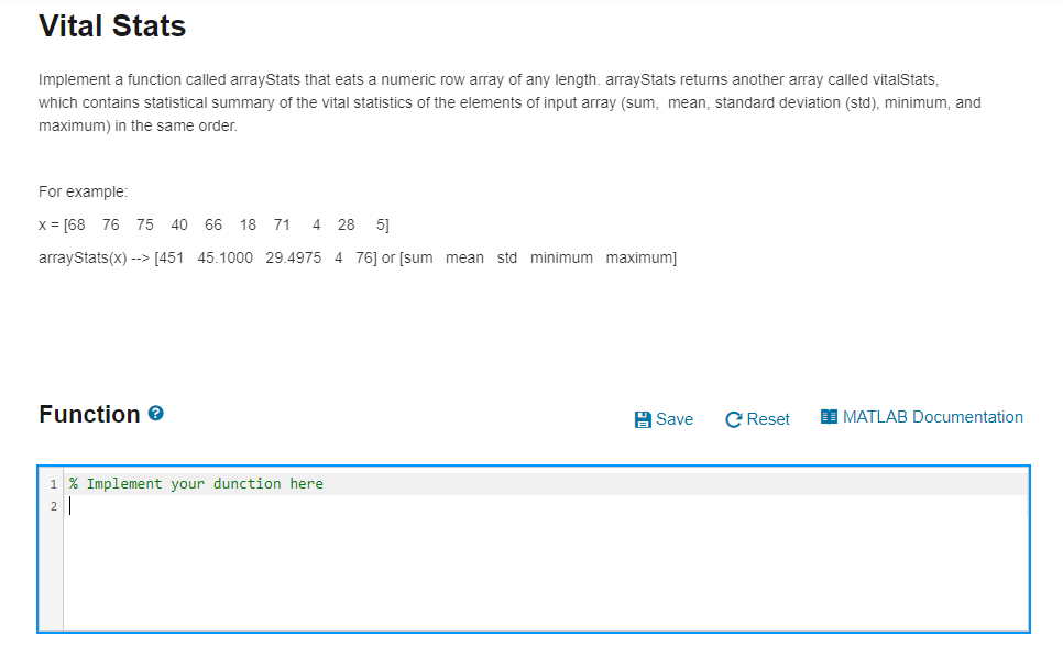 Solved MATLAB implement a function called arraystats that | Chegg.com