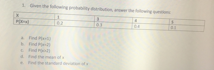Solved 1. Given the following probability distribution, | Chegg.com