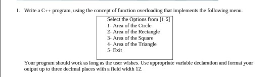 Solved 1 Write C Program Using Concept Function Overloading Implements Following Menu Select 4807