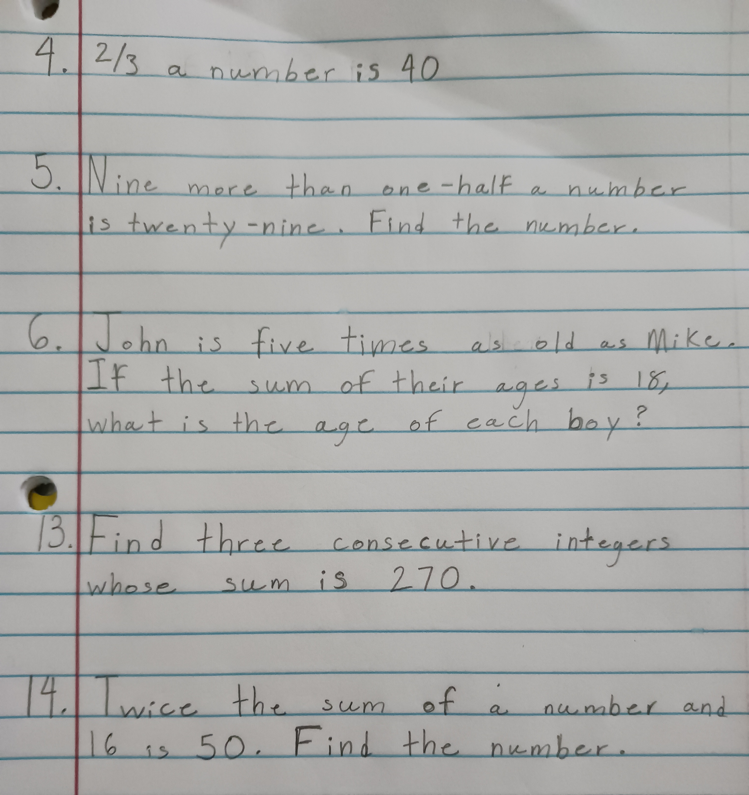 Solved 4. 2/3 a number is 40 5. Nine more than one-half a | Chegg.com