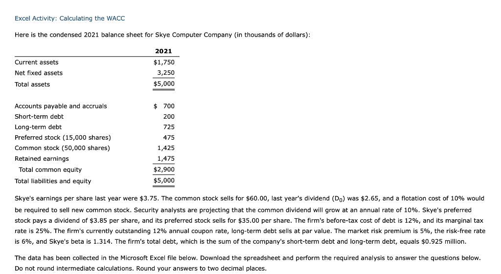 Solved Excel Activity: Calculating the WACC Here is the | Chegg.com