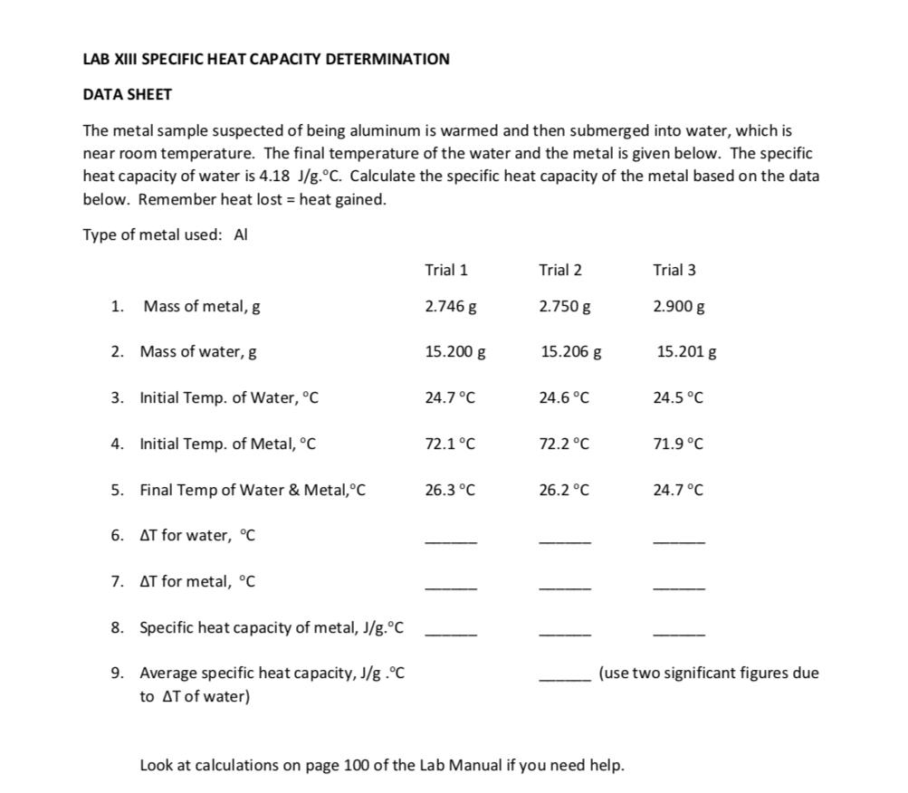 LAB XIII SPECIFIC HEAT CAPACITY DETERMINATION DATA