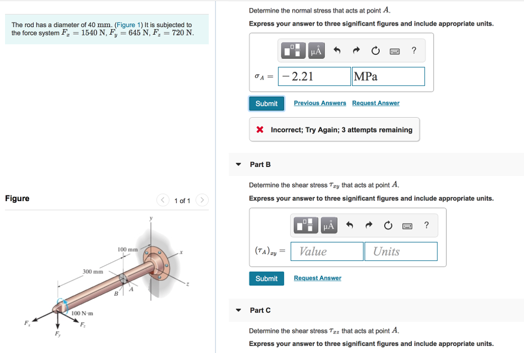 Solved Determine the normal stress that acts at point A. | Chegg.com