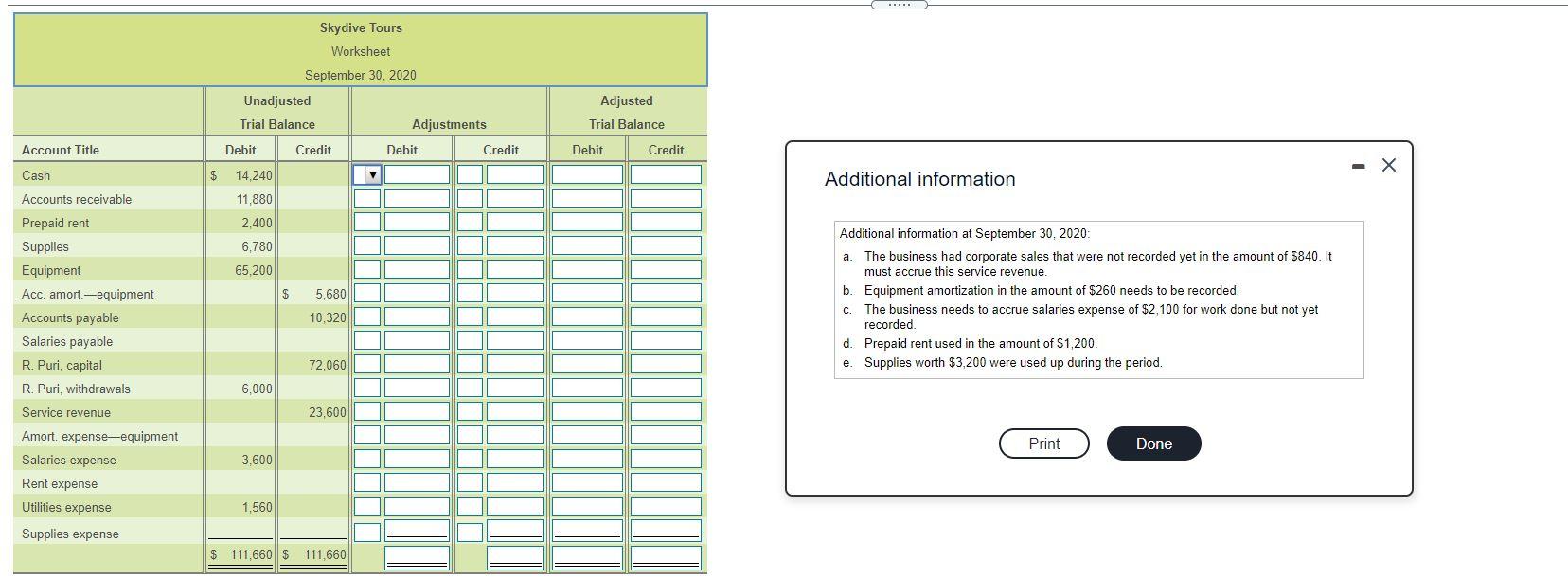 Solved Skydive Tours Worksheet September 30, 2020 Unadjusted