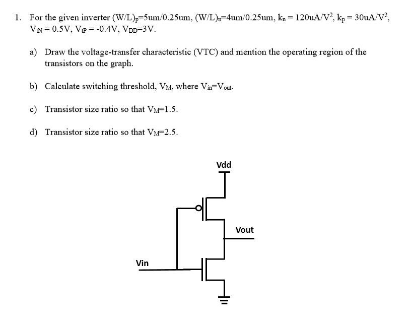 Solved 1 For The Given Inverter W L P 5um 0 25um W L Chegg Com