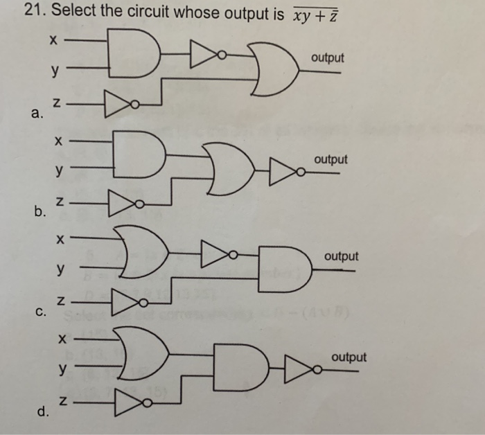 Solved 21. Select the circuit whose output is xy +ž output | Chegg.com