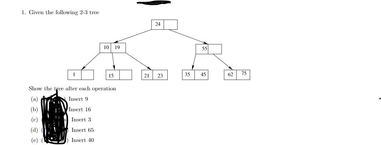Solved 1. Given the following 2-3 tree සී ම 1 (c) (d) Show | Chegg.com
