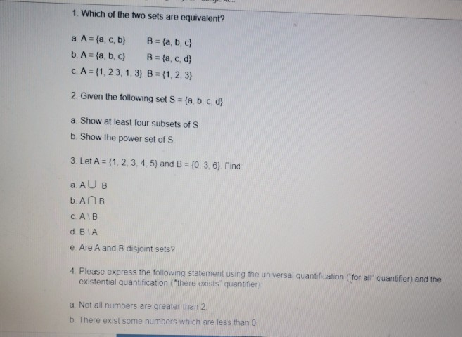 Solved 1. Which Of The Two Sets Are Equivalent? A A = {a, C, | Chegg.com