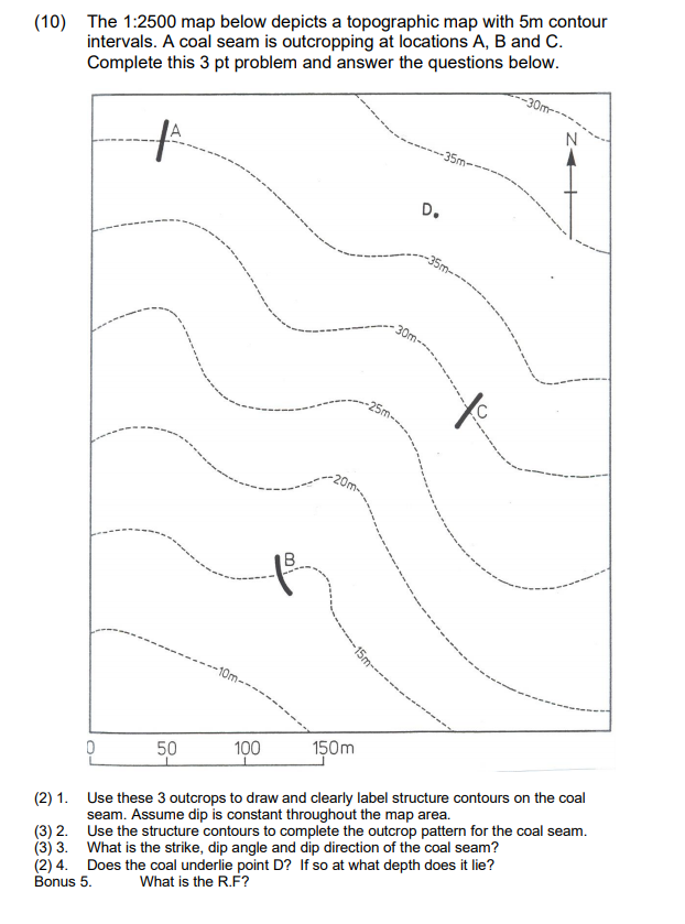 Solved (10) The 1:2500 map below depicts a topographic map | Chegg.com