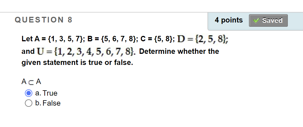 Solved Let A={1,3,5,7};B={5,6,7,8};C={5,8};D={2,5,8}; and | Chegg.com