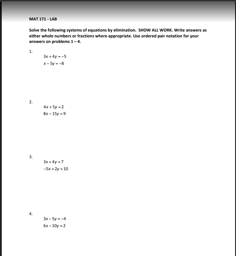 Solved MAT 171 - LAB Solve The Following Systems Of | Chegg.com