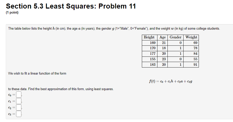 Solved Section 5.3 Least Squares: Problem 11 (1 point) The | Chegg.com