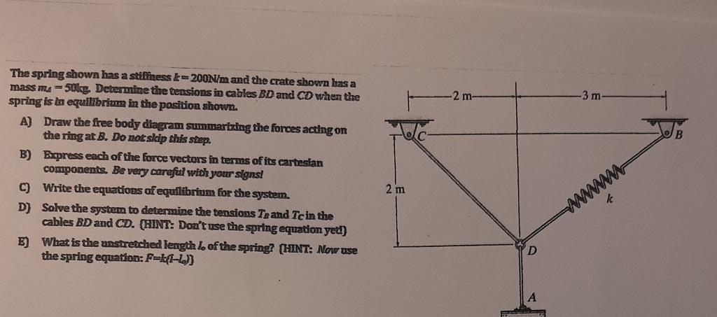 Solved m -3 m The spring shown has a stiffness =200N/m and | Chegg.com