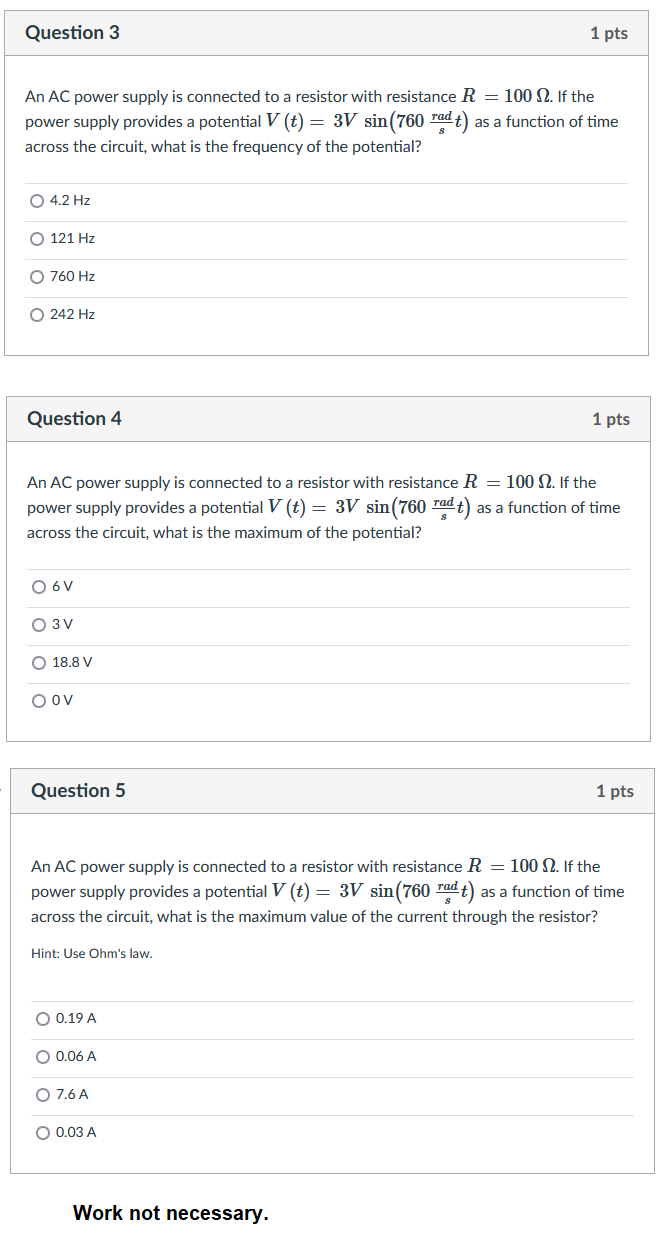 Solved Question 3 1 pts An AC power supply is connected to a | Chegg.com