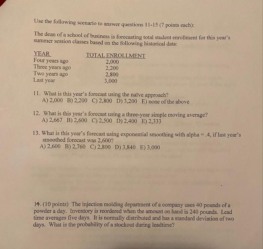 Solved Use The Following Scenario To Answer Questions 11-15 