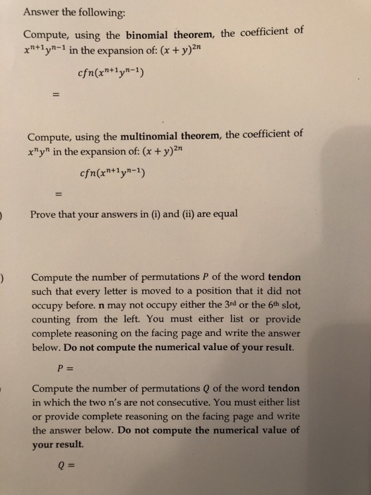 Solved Answer the following: Compute, using the binomial | Chegg.com