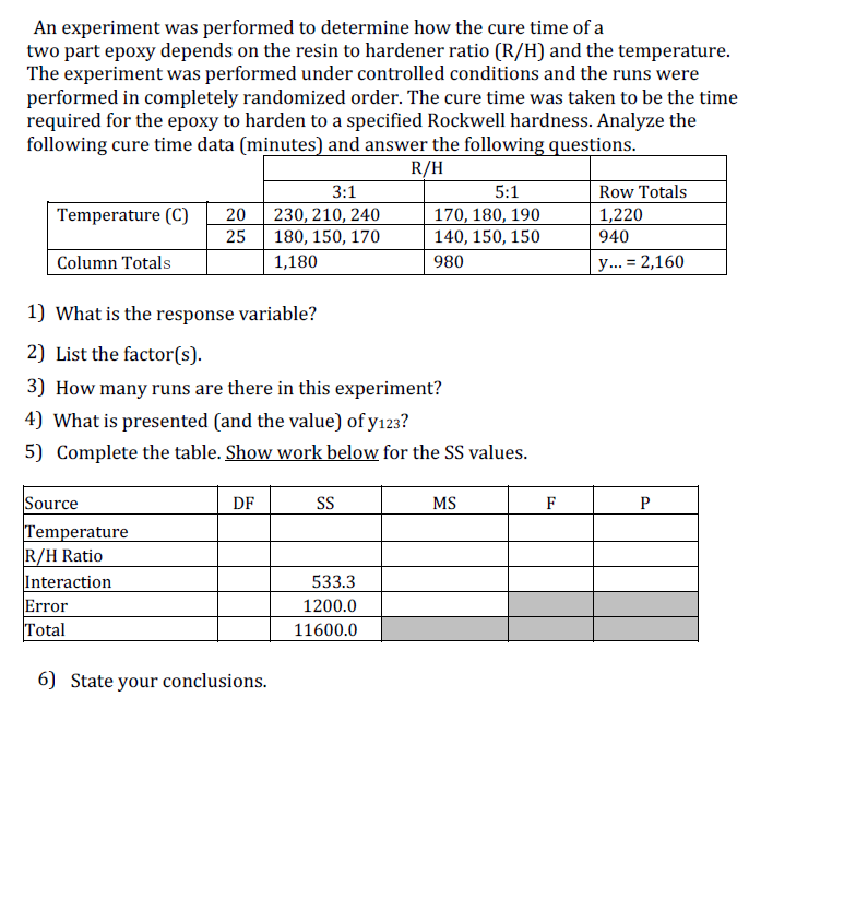Solved An experiment was performed to determine how the cure | Chegg.com