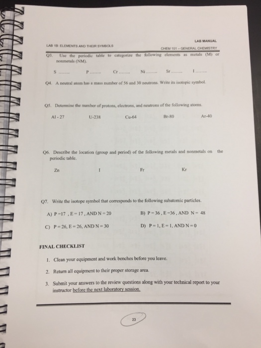 Solved LAB MANUAL LAB 18 ELEMENTS AND THEIR SYMBOLS CHEM