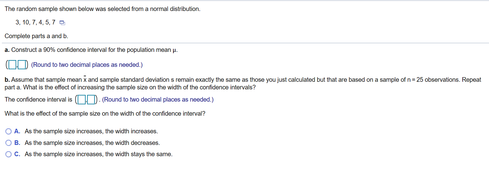 Solved The random sample shown below was selected from a | Chegg.com