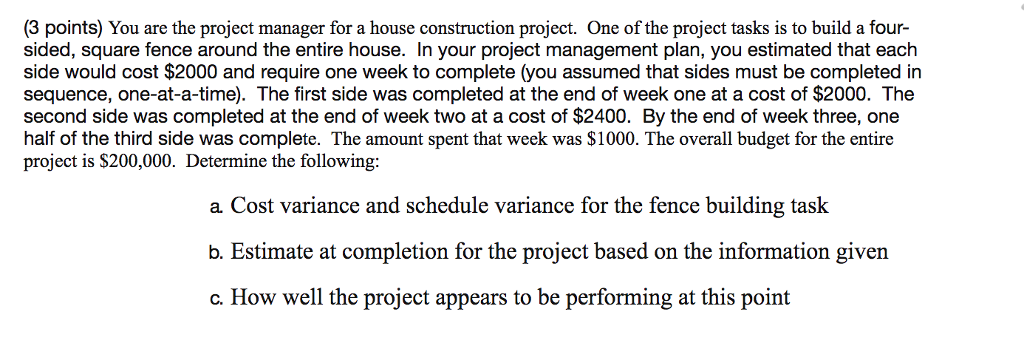 Solved (3 points) You are the project manager for a house | Chegg.com