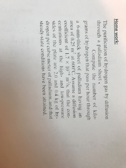 Solved Home Work The Purification Of Hydrogen Gas By Dif...