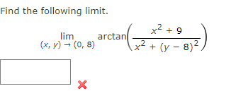 Find the following limit. \[ \lim _{(x, y) \rightarrow(0,8)} \arctan \left(\frac{x^{2}+9}{x^{2}+(y-8)^{2}}\right) \]